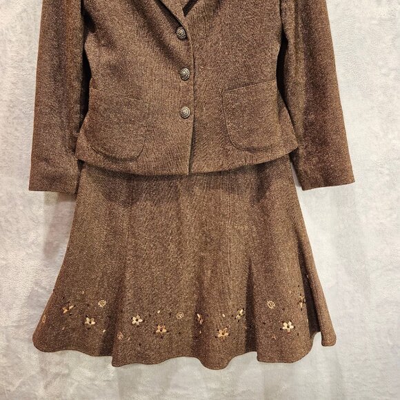 Casual Corner Tulip Skirt suit set Womens 10 Brown wool silk embroidered career - Picture 3 of 16